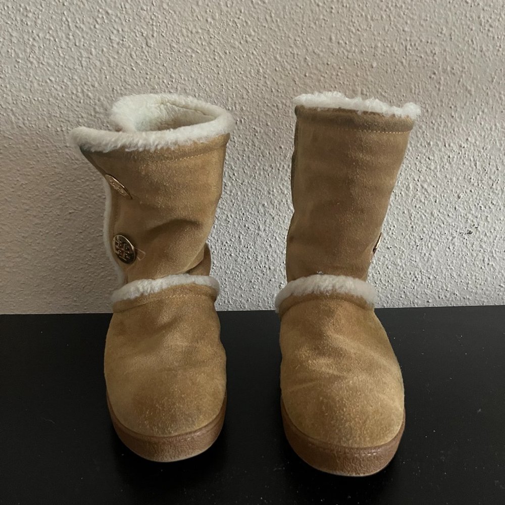 Tory Burch Chestnut Suede Fur Lined Winter Boots Logo Flat Pull On Women 6.5
